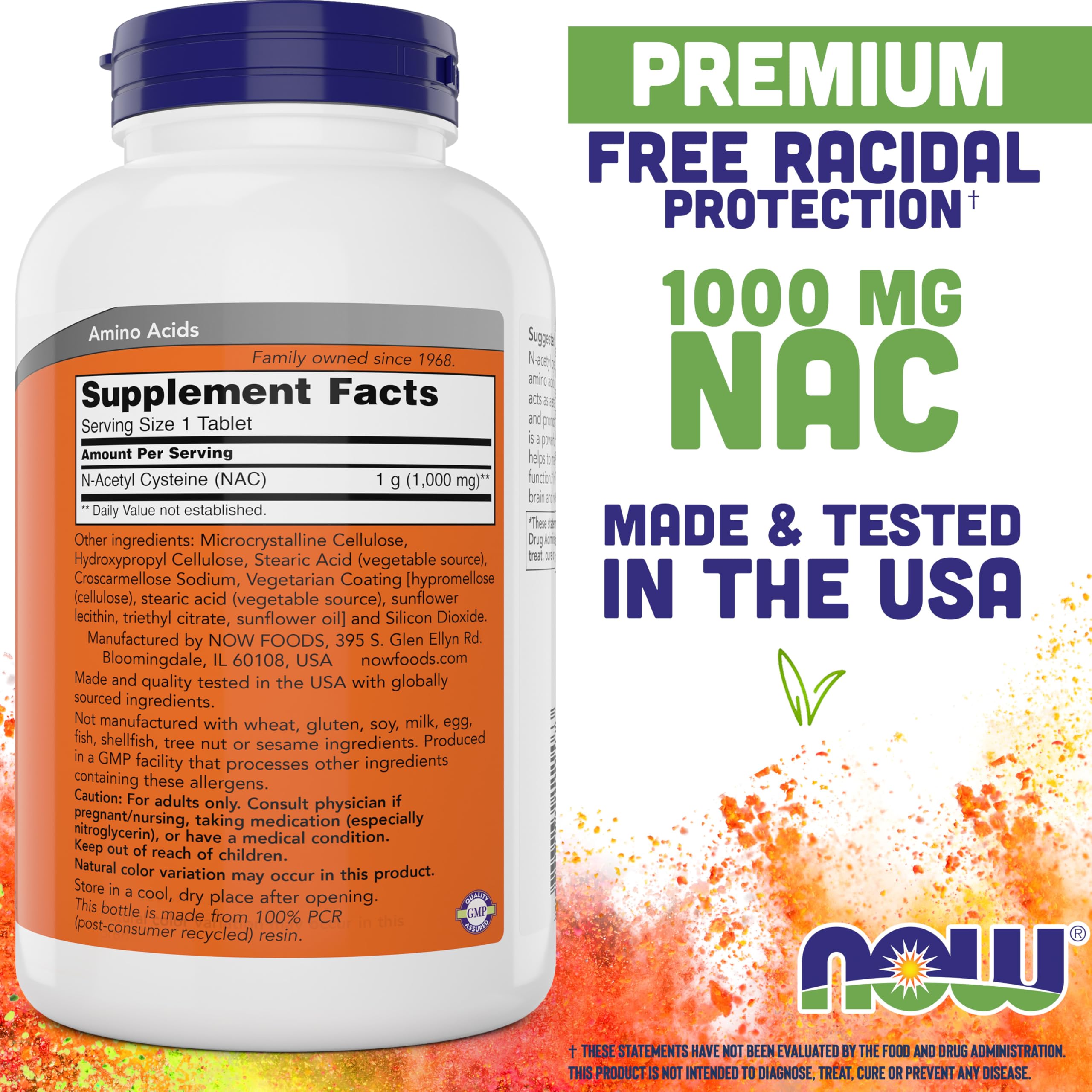 NOW Foods NAC tablets close-up shows 1000 mg dosage per tablet