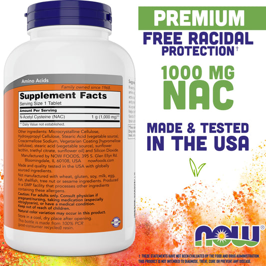 NOW Foods NAC tablets close-up shows 1000 mg dosage per tablet