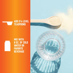 NOW Foods Amino-9 Essentials powder being poured into water—easy mixing for post-workout hydration.