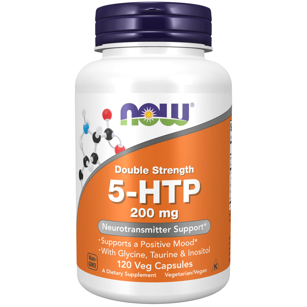 NOW Foods 5-HTP bottle front shows double strength formula for daily wellness