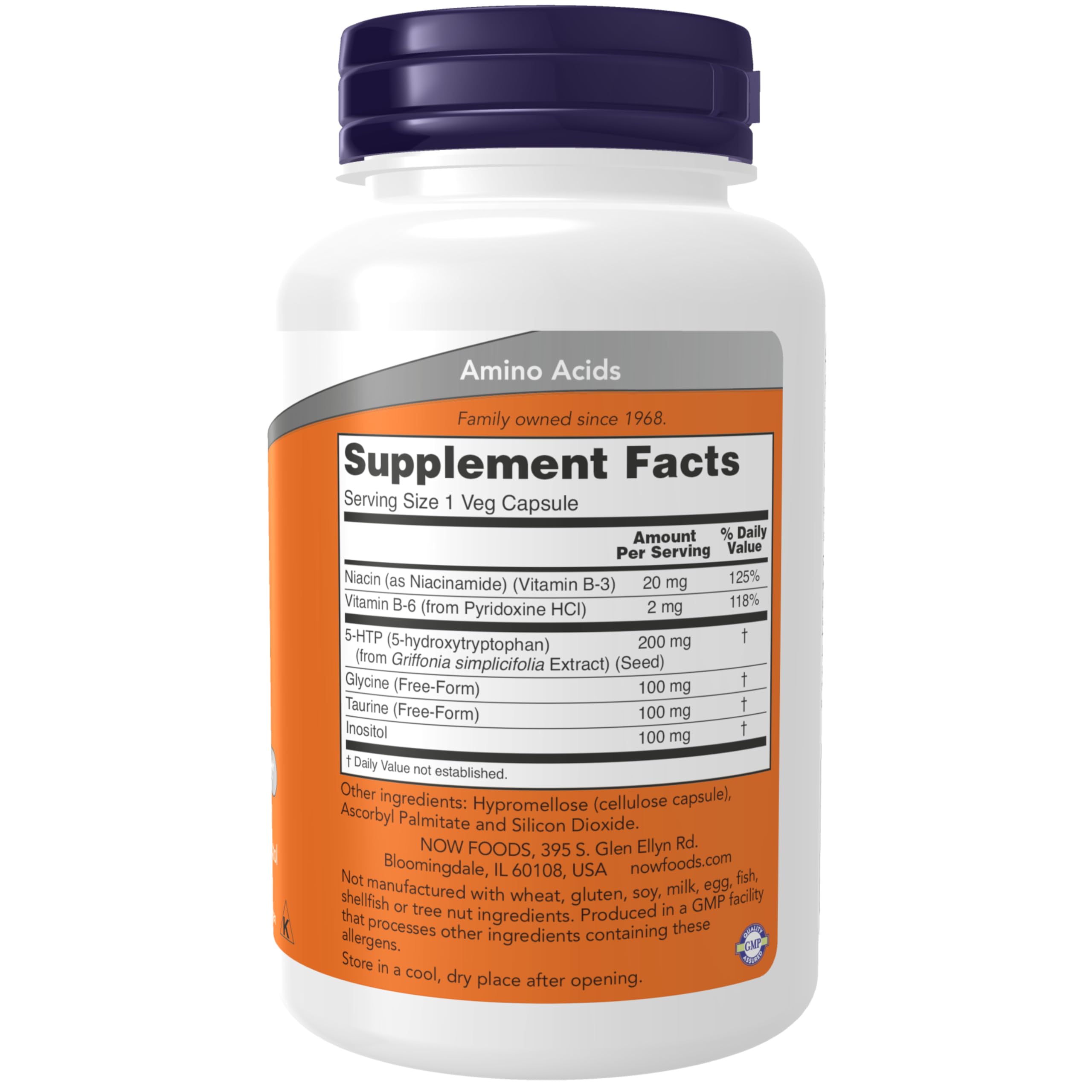 NOW Supplements 5-HTP capsules closeup highlighting 200 mg per capsule
