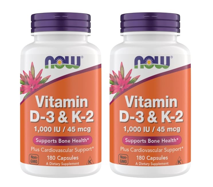 NOW Foods Vitamin D3 K2 bottle front view shows dosage and blend
