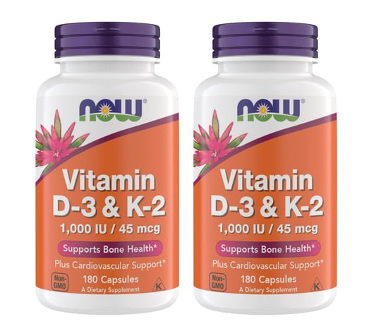 NOW Foods Vitamin D3 K2 bottle front view shows dosage and blend