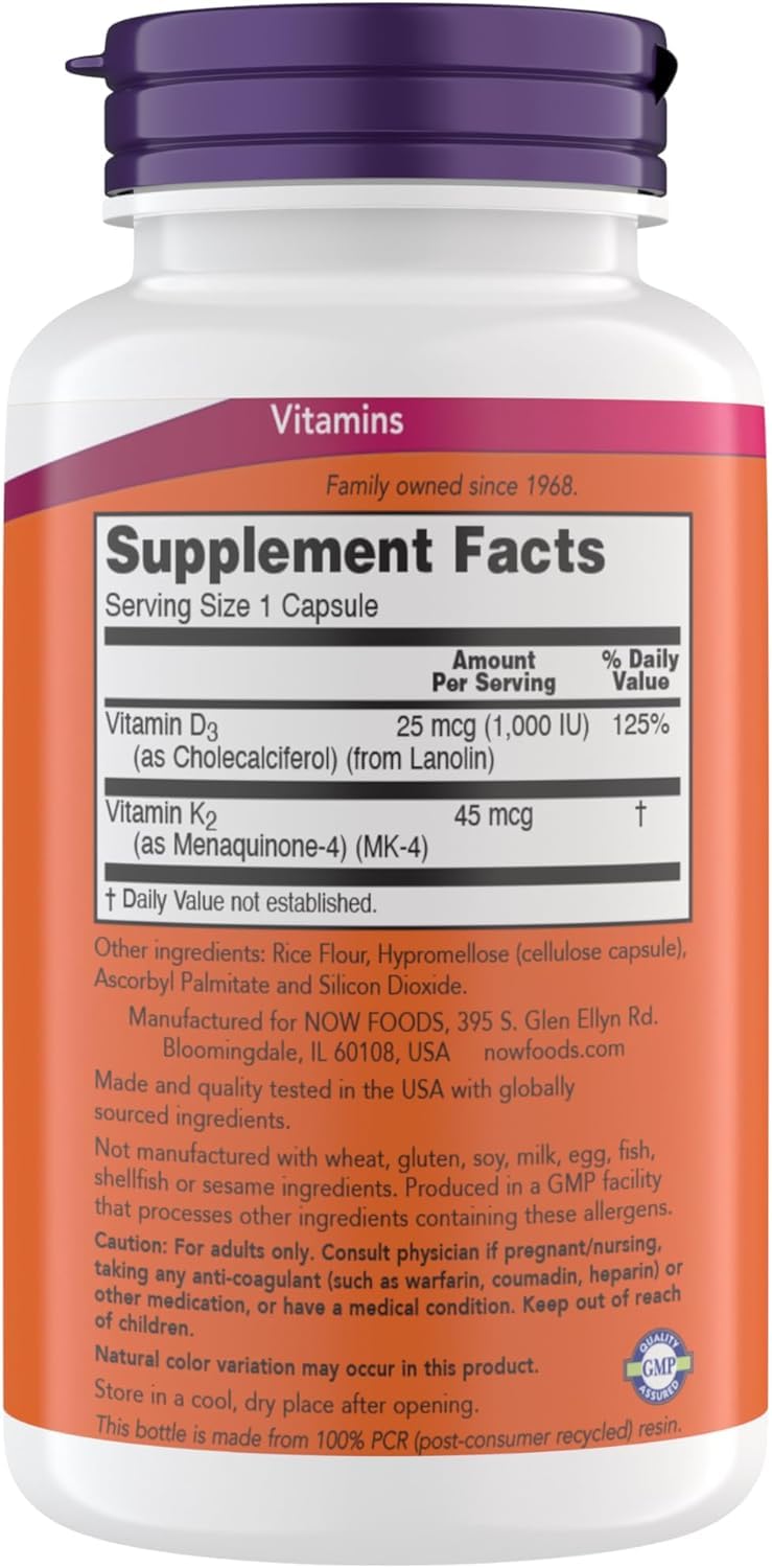 NOW Foods Vitamin D3 K2 capsules close-up for easy daily use