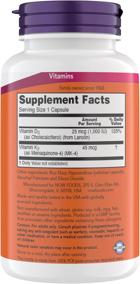 NOW Foods Vitamin D3 K2 capsules close-up for easy daily use