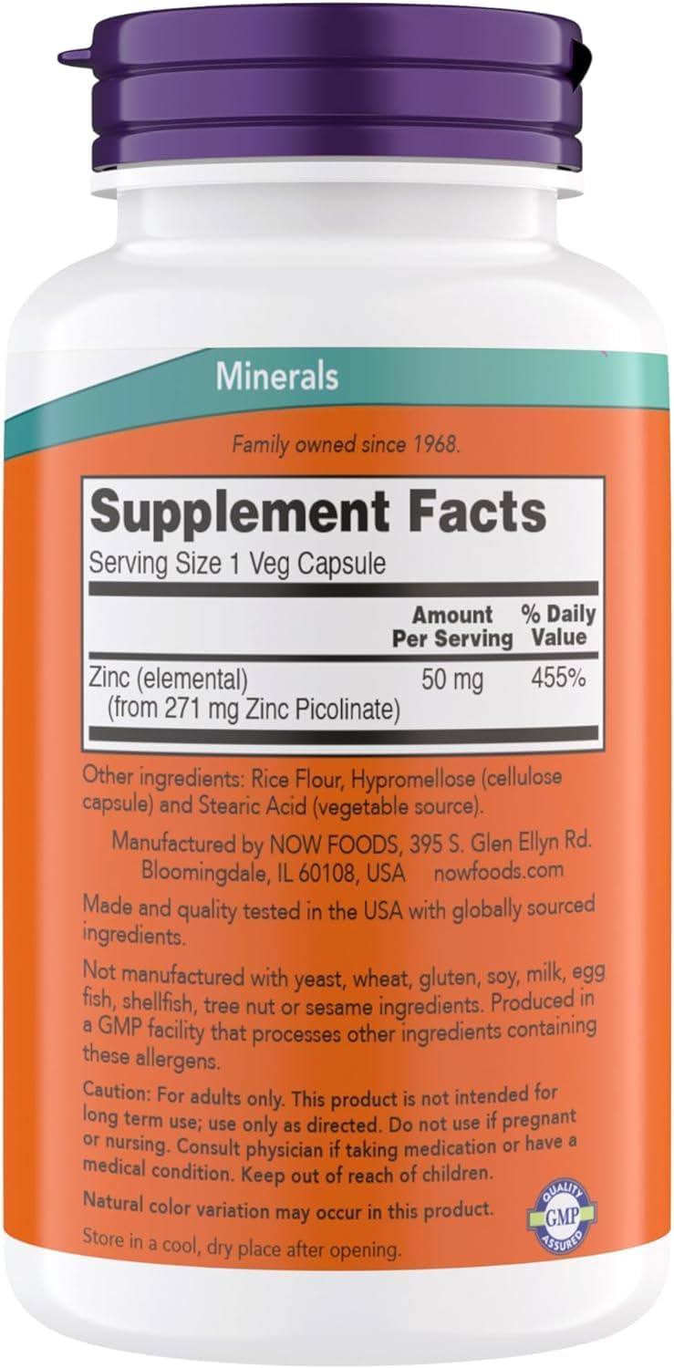 NOW Foods Zinc Picolinate 50 mg capsule close-up for daily use