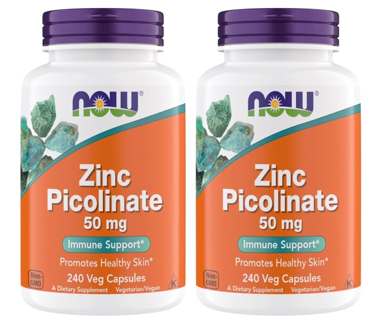 NOW Foods Zinc Picolinate 50 mg capsules in bottle, supports immune function