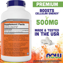 NOW Foods Acetyl-L-Carnitine 500mg bottle back view with supplement facts