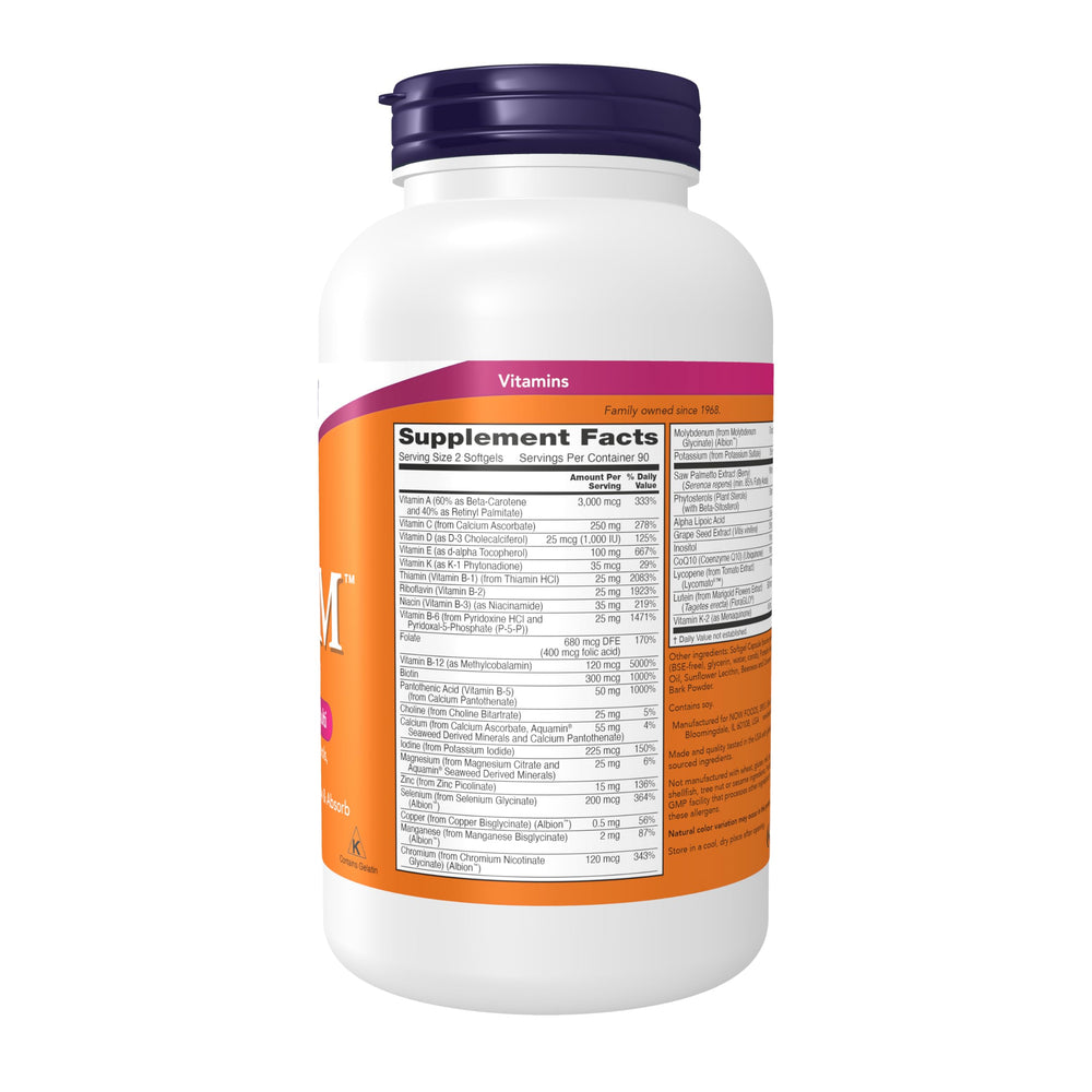 NOW Foods ADAM softgels closeup—gentle swallow design for comfortable daily use.