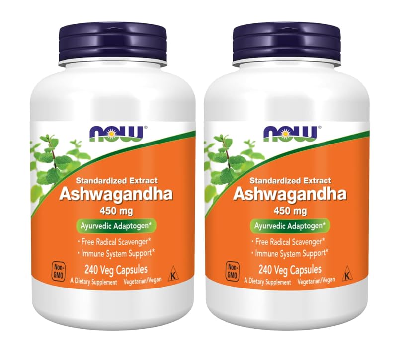 NOW Foods Ashwagandha bottle front, 450 mg capsules for daily balance.