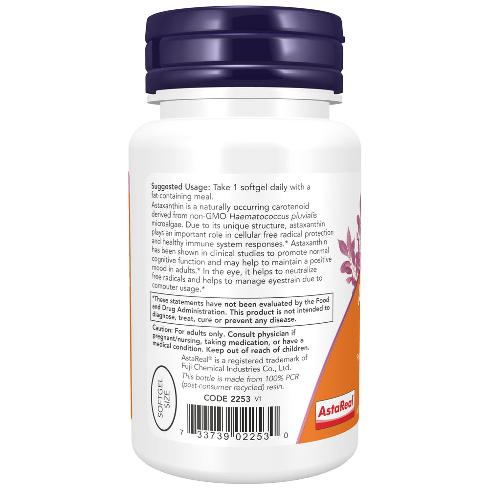 Now Foods Astaxanthin label details show non-GMO Haematococcus pluvialis source.