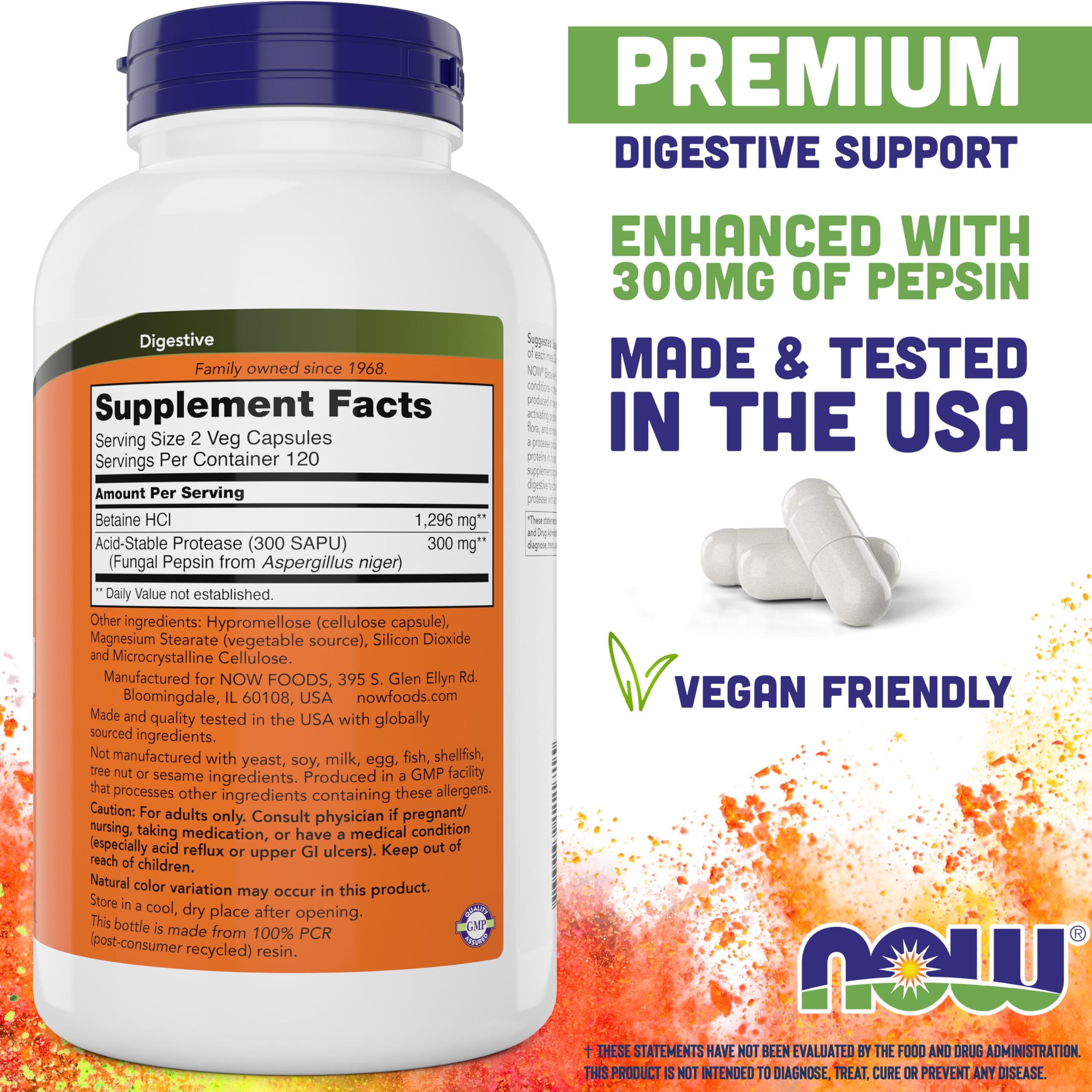 NOW Foods Betaine HCl capsules beside label highlighting digestion benefits