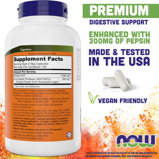 NOW Foods Betaine HCl capsules beside label highlighting digestion benefits