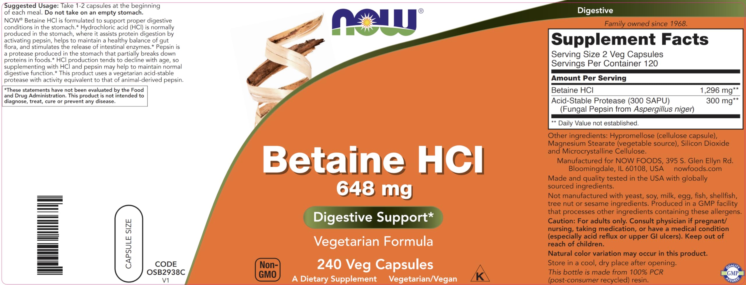NOW Foods Betaine HCl vegetarian formula label for digestion