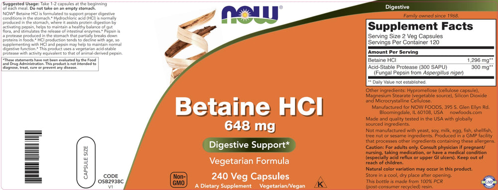 NOW Foods Betaine HCl vegetarian formula label for digestion