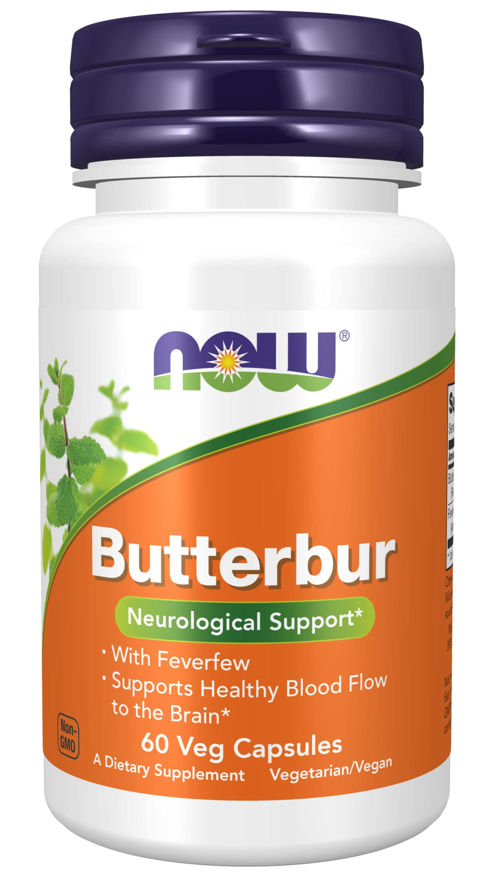 Now Foods Butterbur bottle front with capsules for neurological support.