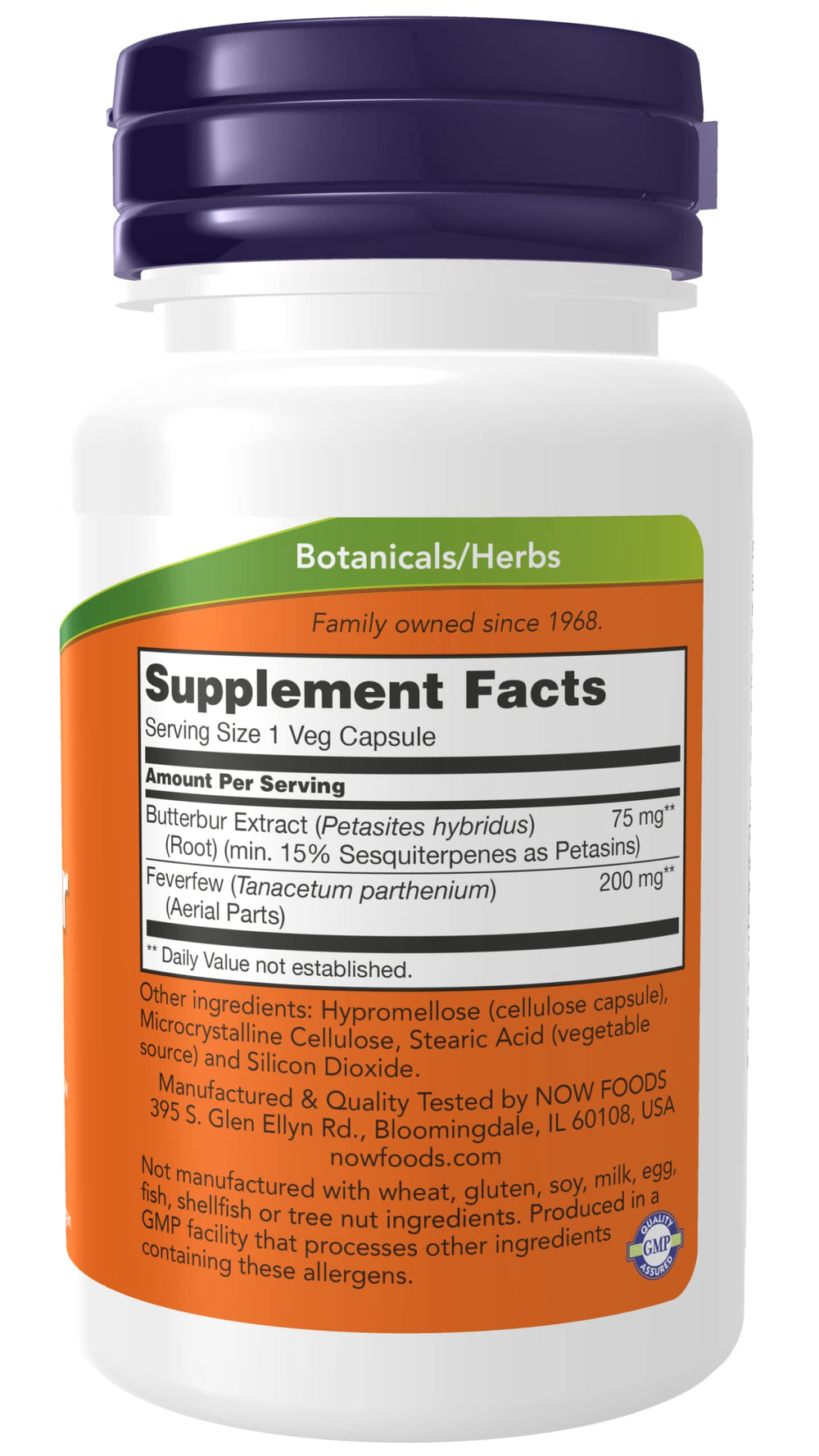 Now Foods Butterbur capsules close-up highlighting a vegetarian, plant-based supplement.
