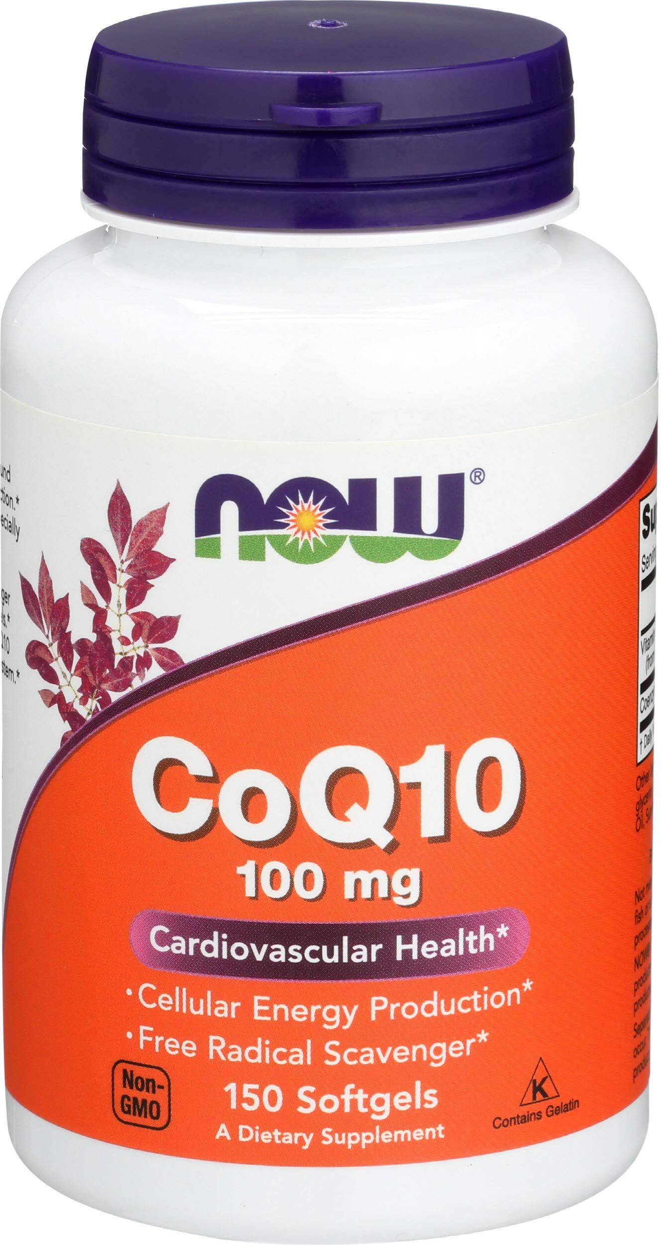 NOW Foods CoQ10 100mg soft gels bottle front supports cellular energy and heart health