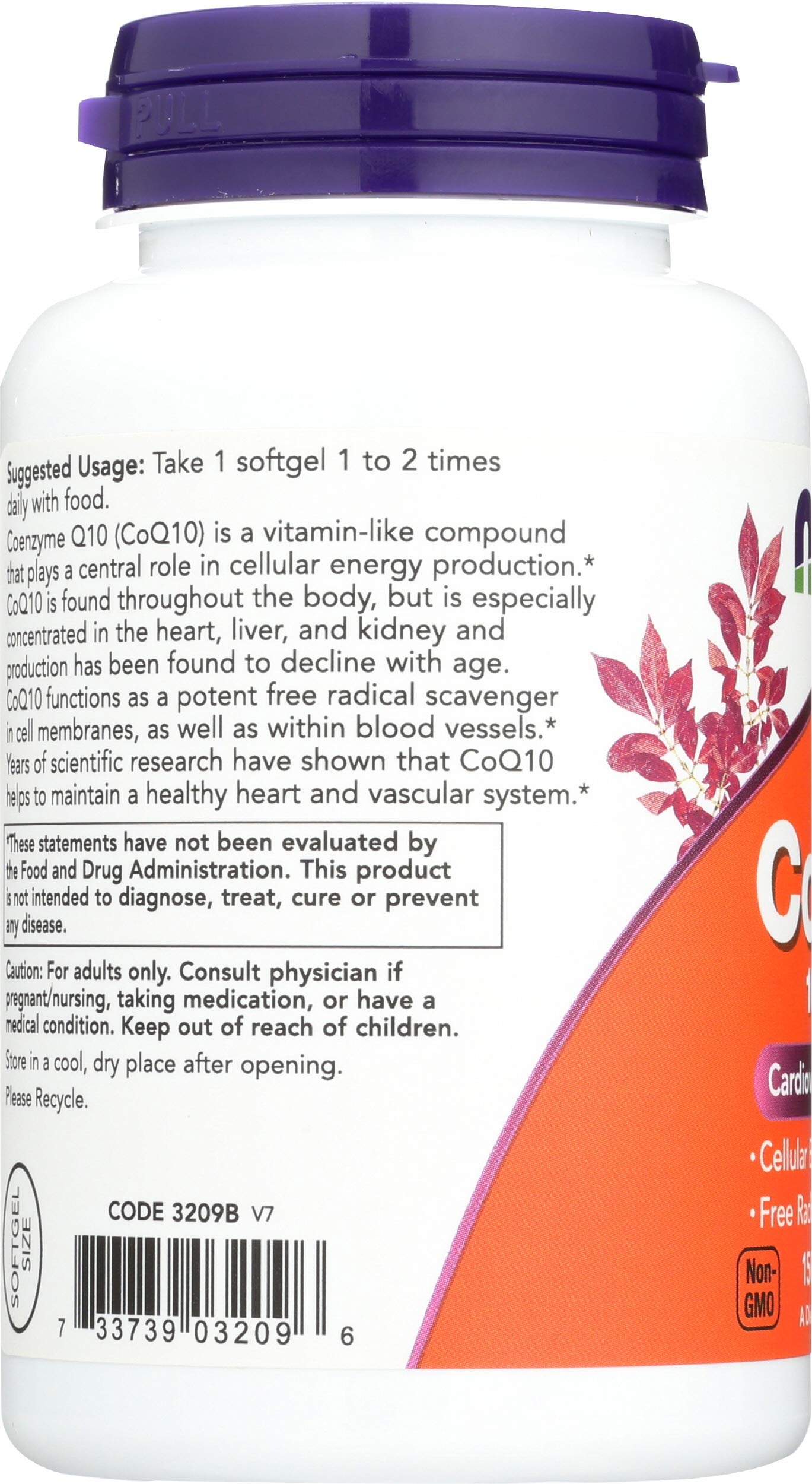 NOW Foods CoQ10 100mg bottle shown with sunlight, implying purity and trust