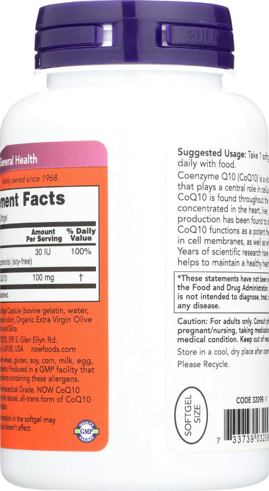 NOW Foods CoQ10 100mg label closeup notes quality and energy production support