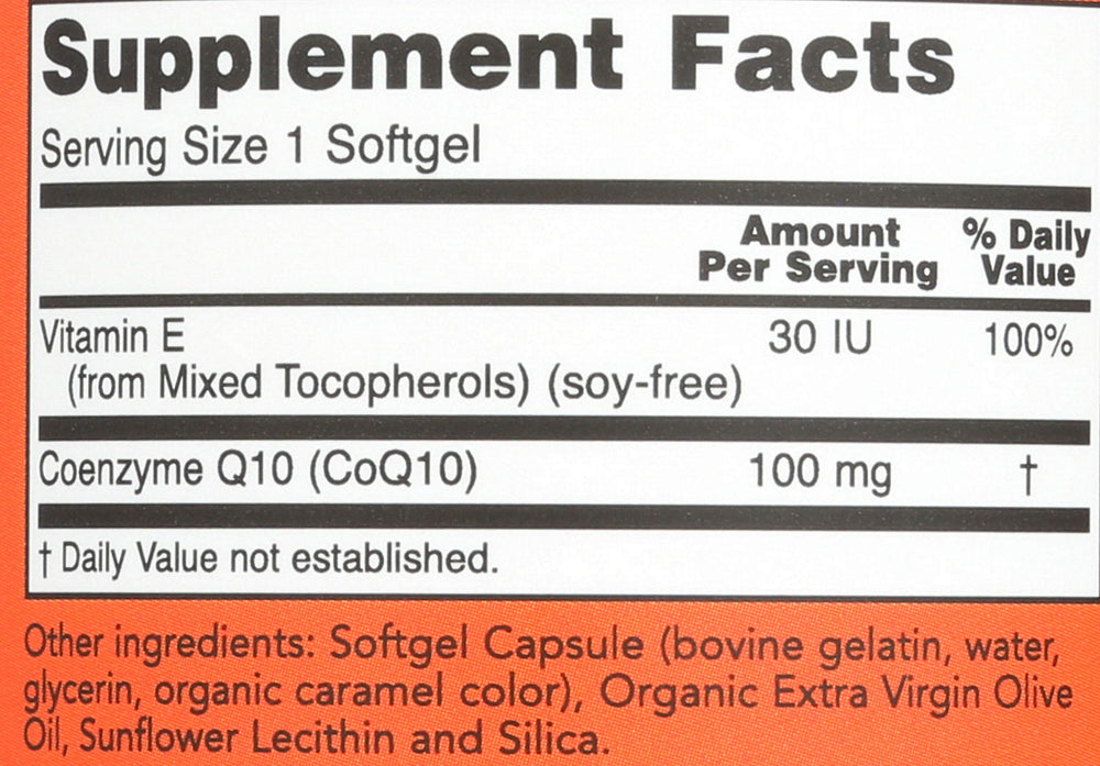 NOW Foods CoQ10 100mg soft gels poured for daily use and energy support