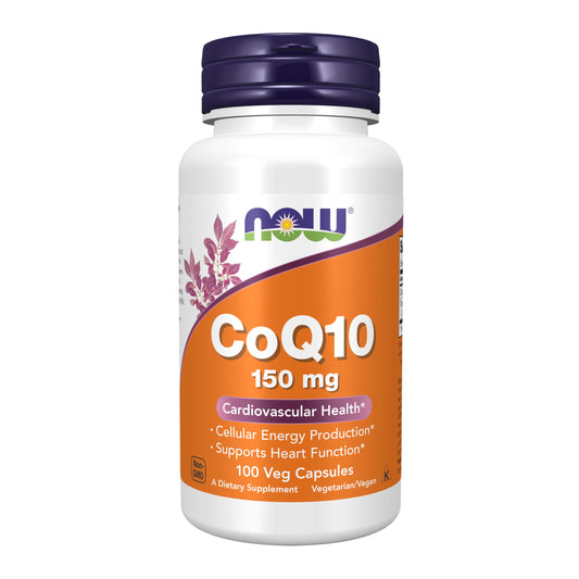 NOW Foods CoQ10 150 mg bottle showing label for daily cellular energy support.