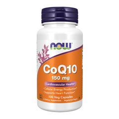 NOW Foods CoQ10 150 mg bottle showing label for daily cellular energy support.
