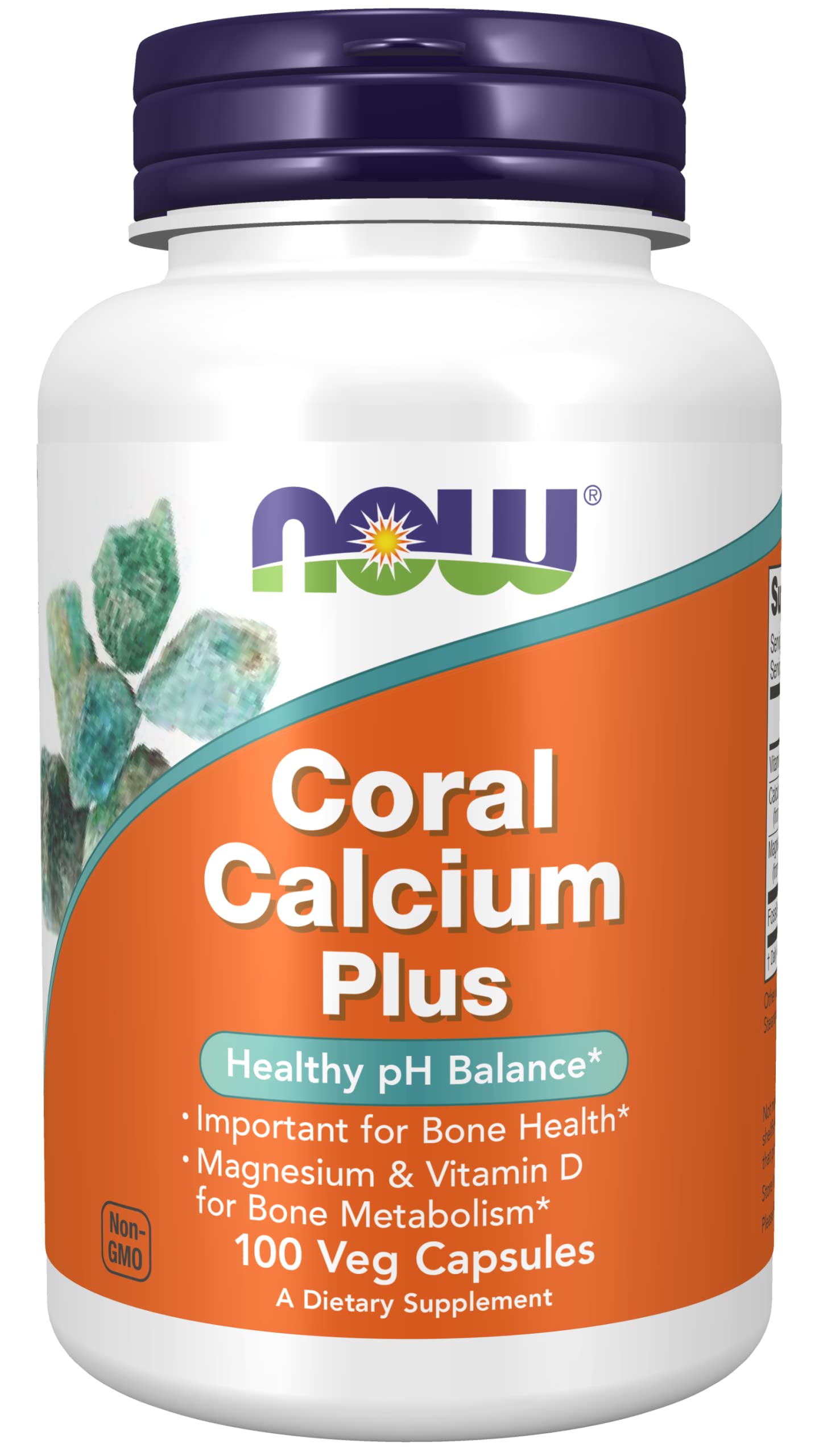 NOW Foods Coral Calcium Plus Magnesium bottle displaying eco-friendly formulation for bone support.