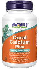 NOW Foods Coral Calcium Plus Magnesium bottle displaying eco-friendly formulation for bone support.