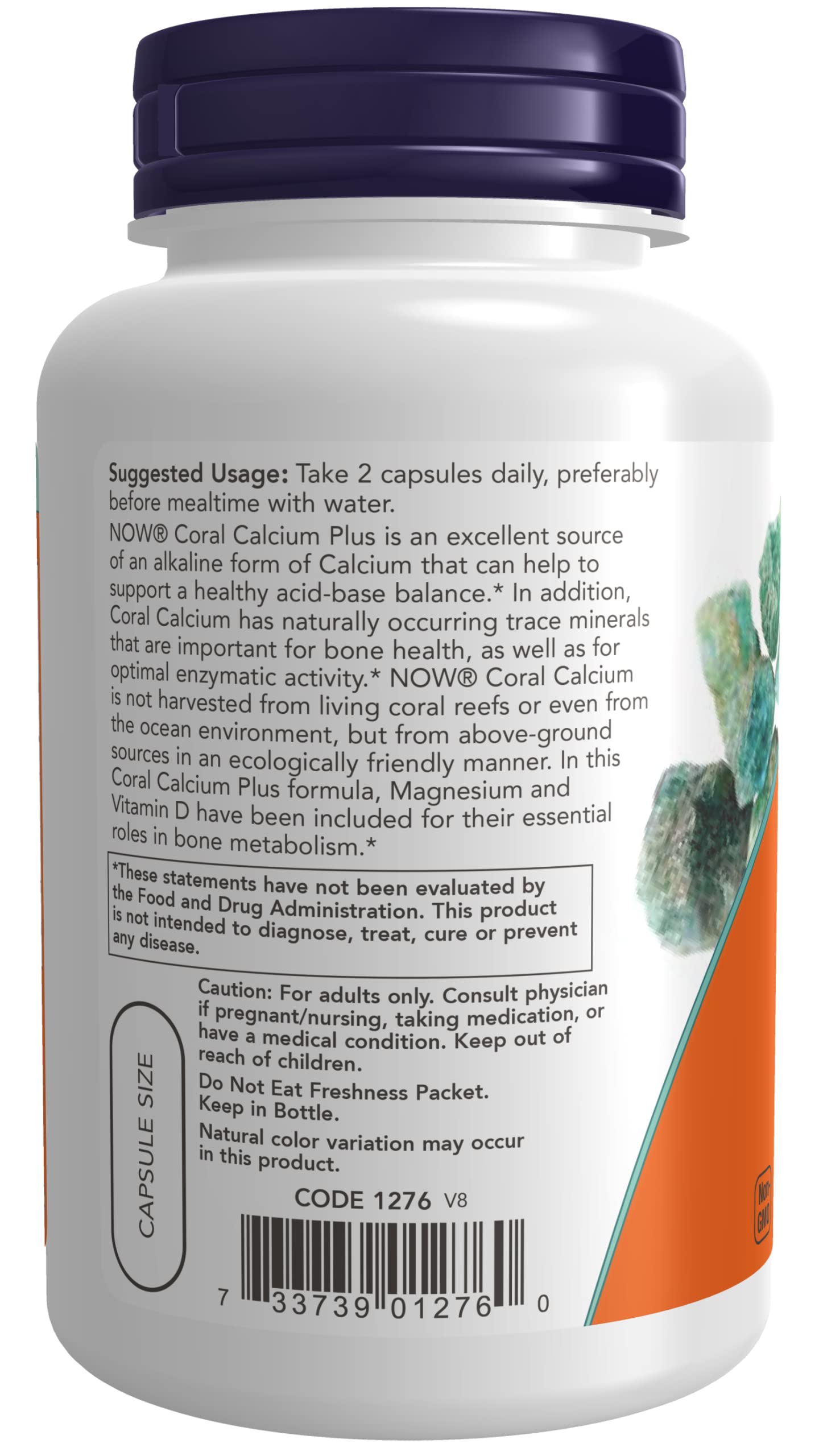 NOW Foods Coral Calcium Plus Magnesium label highlights ecologically friendly sourcing and essential minerals.