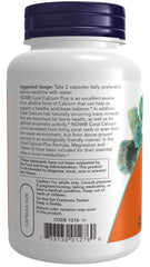NOW Foods Coral Calcium Plus Magnesium label highlights ecologically friendly sourcing and essential minerals.
