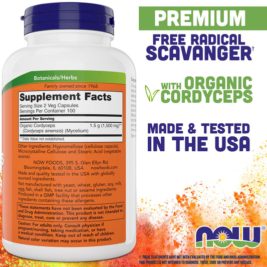 NOW Foods Cordyceps bottle label close-up shows 750 mg potency.