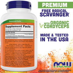 NOW Foods Cordyceps bottle label close-up shows 750 mg potency.