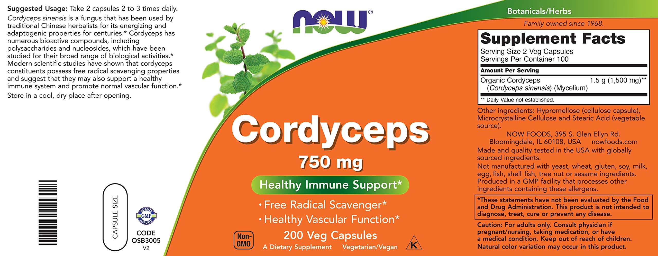 NOW Foods Cordyceps pack-2 spine view for compact storage.