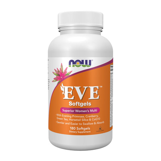 NOW Foods Eve women's multivitamin bottle for daily wellness support in softgel form
