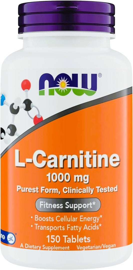 NOW Foods L-Carnitine 1000mg tablet bottle shown for daily energy support