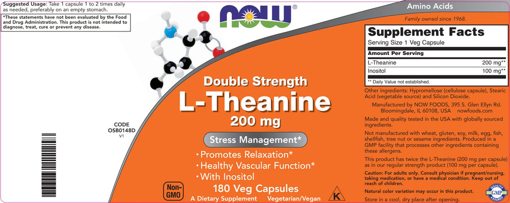 NOW Foods L-Theanine USA-made packaging shows quality craftsmanship.