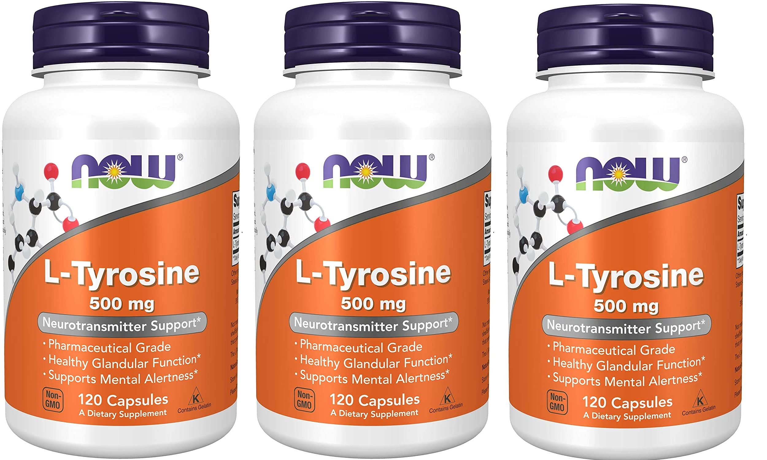 NOW Foods L-Tyrosine 500 mg bottle showing capsules for mood and focus support.