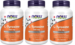NOW Foods L-Tyrosine 500 mg label close-up highlighting quality and mood support.