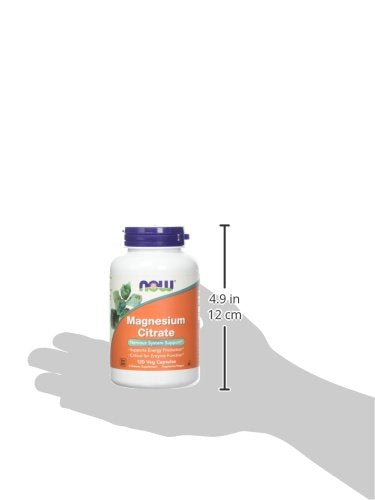 NOW Foods Magnesium Citrate Caps bottle side view, may support normal muscle function