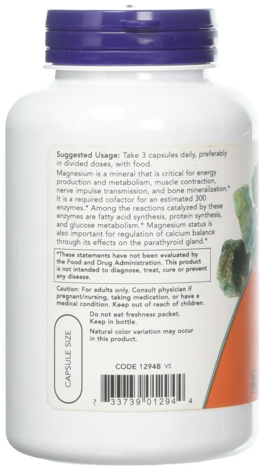 NOW Foods Magnesium Citrate Caps label closeup, two-pack value for daily support