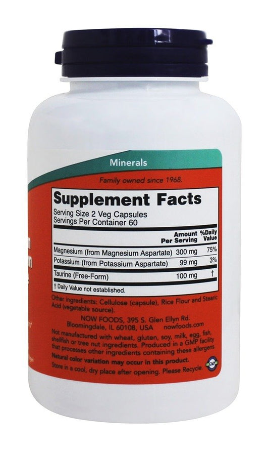 NOW Foods Magnesium and Potassium Aspartate capsules close-up on label, easy absorption.