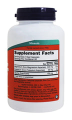 NOW Foods Magnesium and Potassium Aspartate capsules close-up on label, easy absorption.