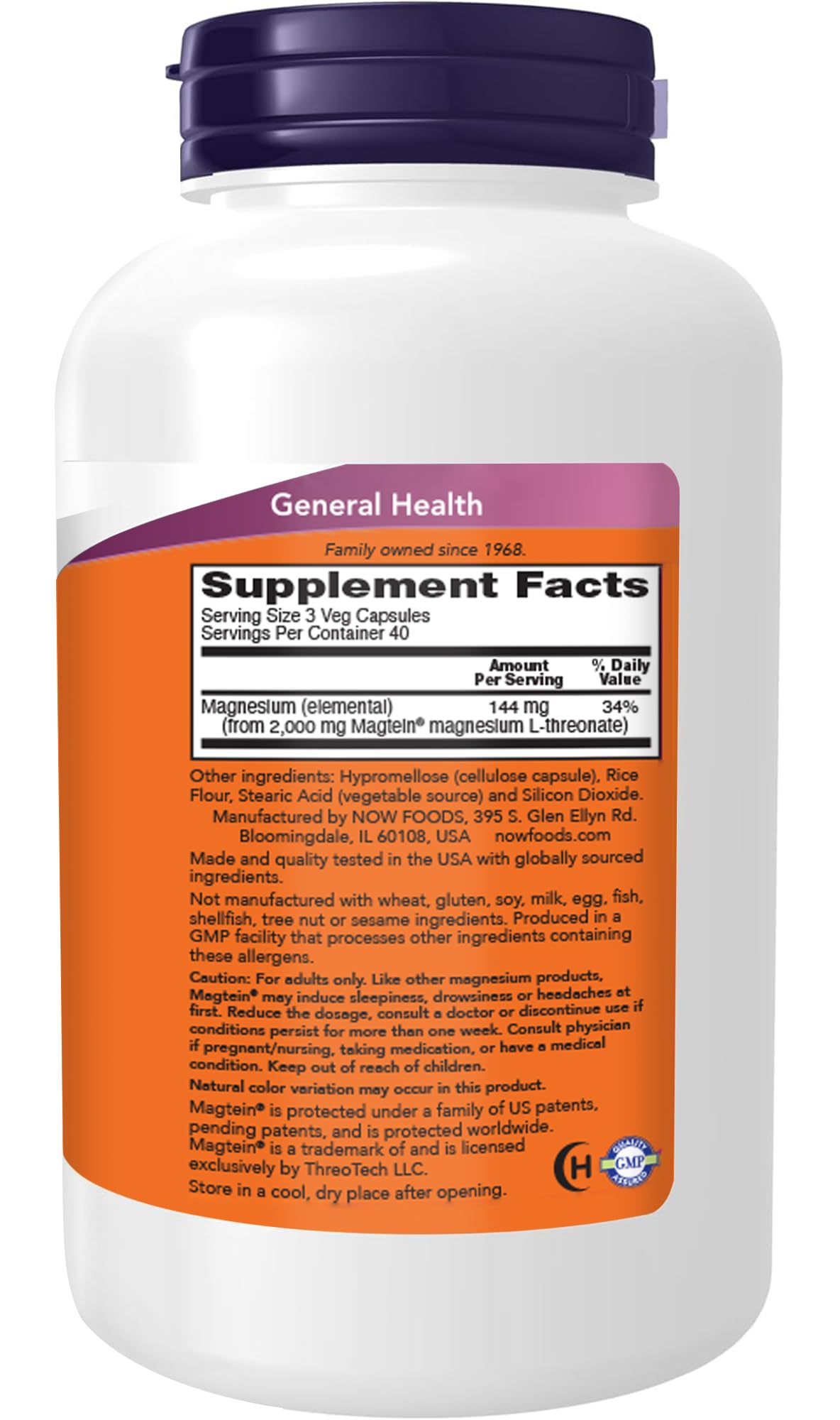 NOW Foods Magtein bottle label highlighting magnesium L-threonate for brain use