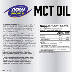 NOW Foods MCT 100% Oil front label shows product details and benefits.