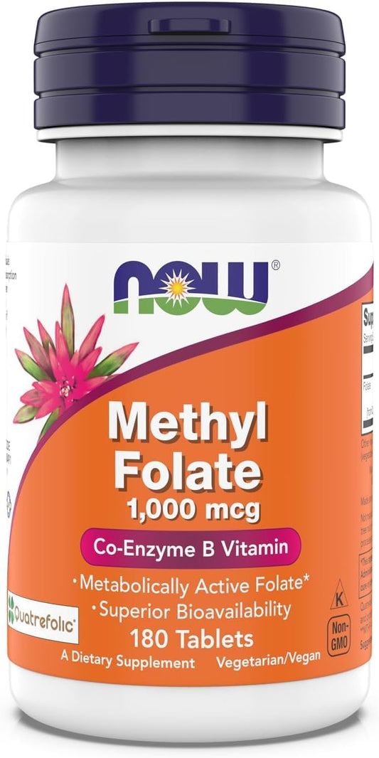 NOW Foods Methyl Folate bottle front view highlighting 1,000 mcg tablets for daily support.