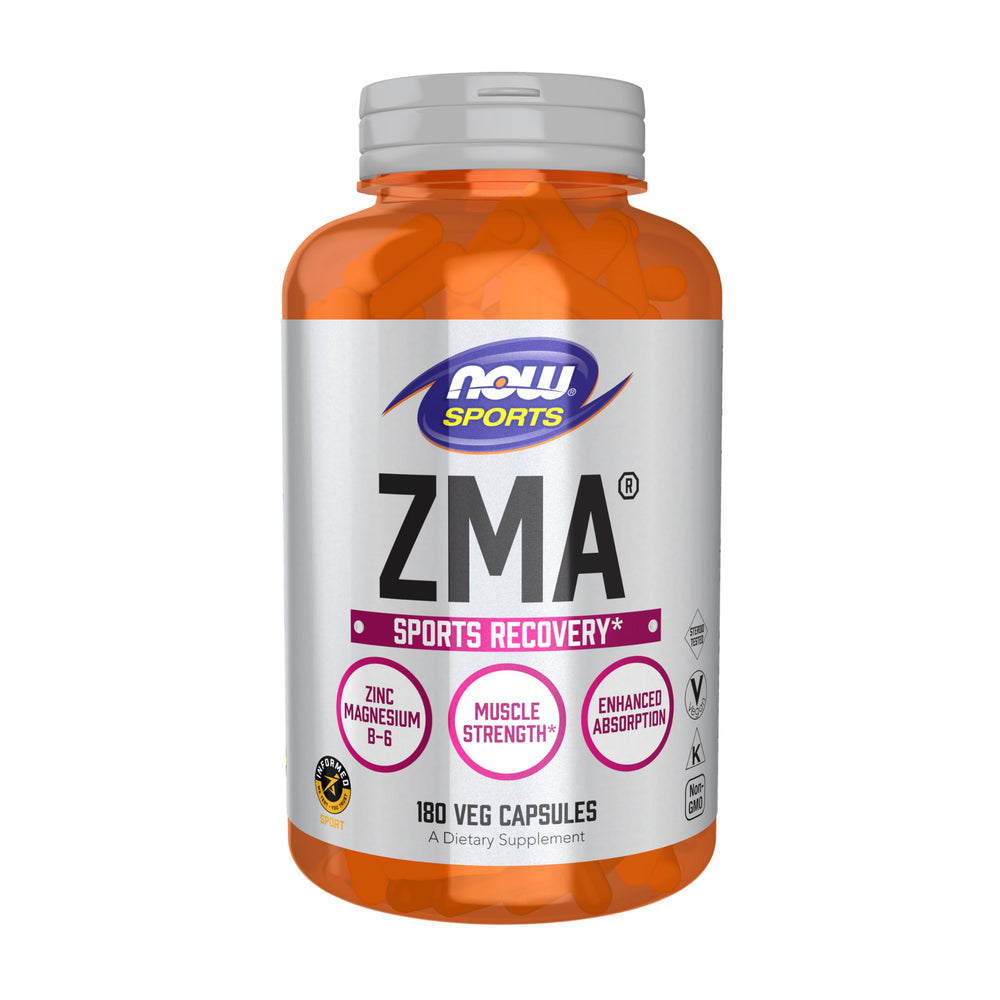 NOW Foods ZMA bottle front displaying brand for athletic recovery support.