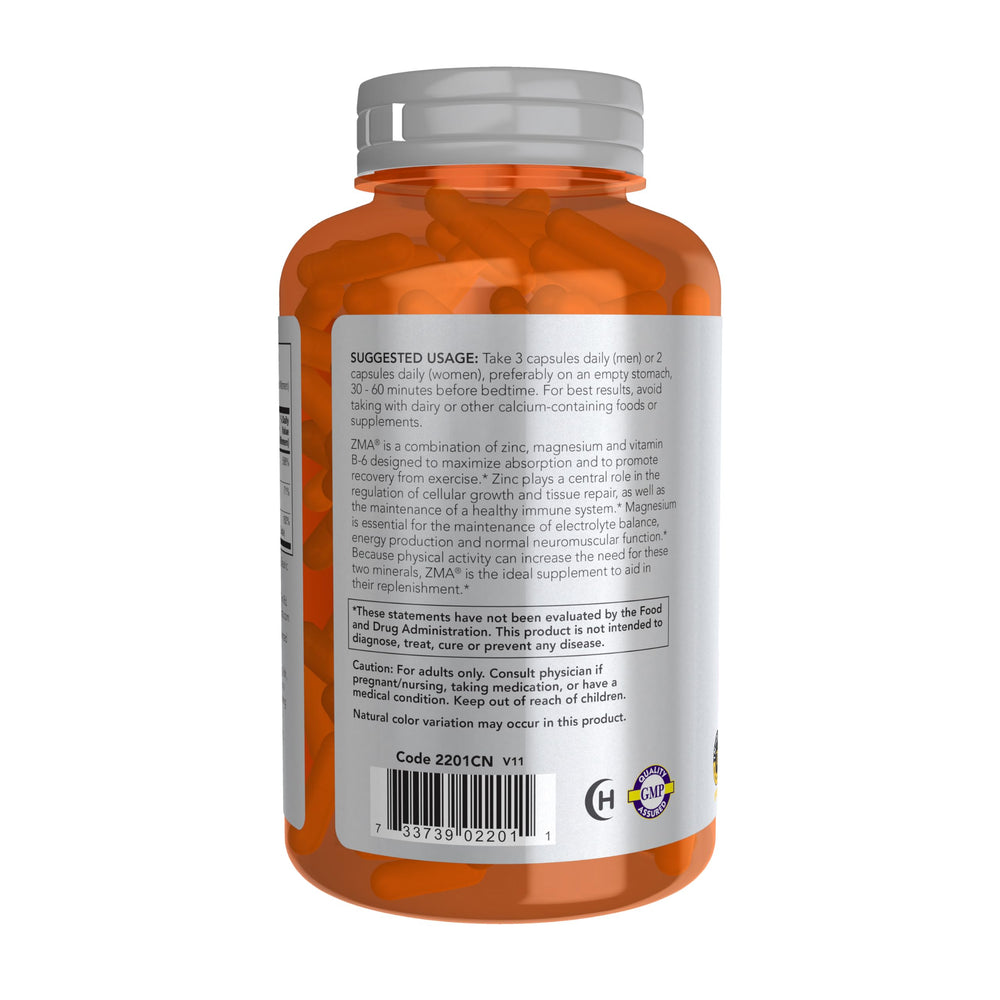NOW Foods ZMA capsules close-up highlighting zinc and magnesium for recovery.