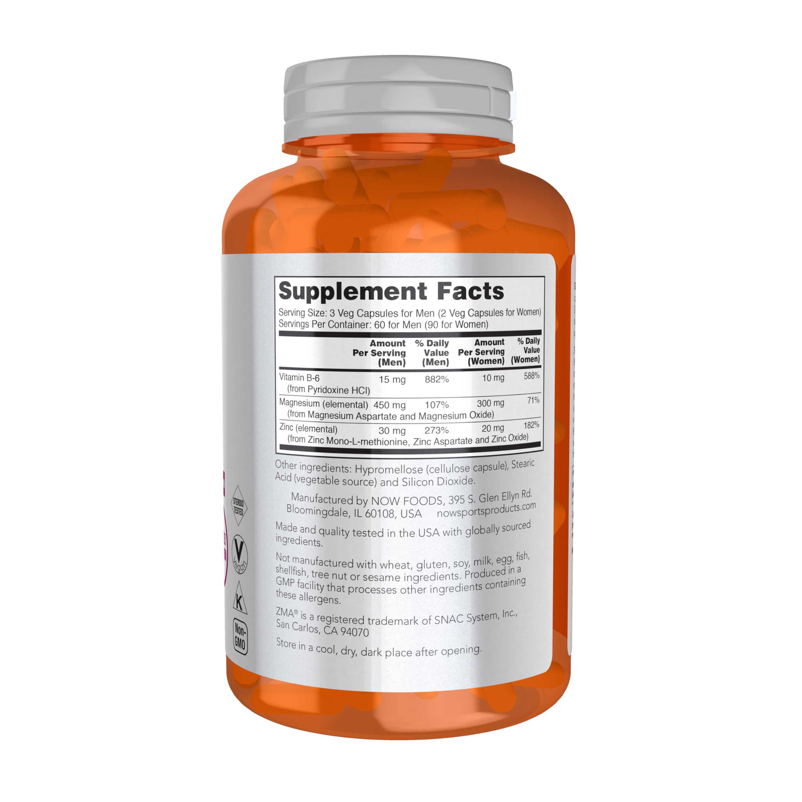 NOW Foods ZMA label back with ingredients and minerals listed.