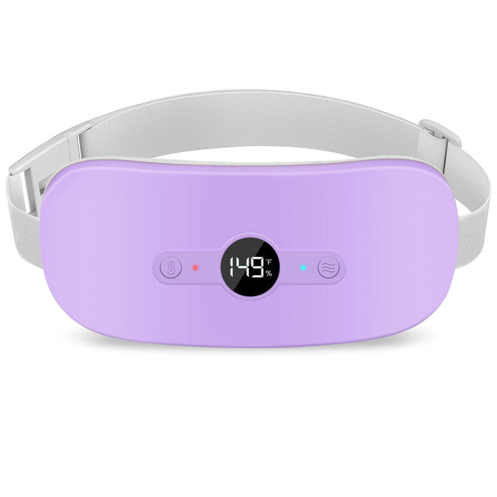NOWWISH cordless heating pad worn as a belt for on-the-go cramps relief.